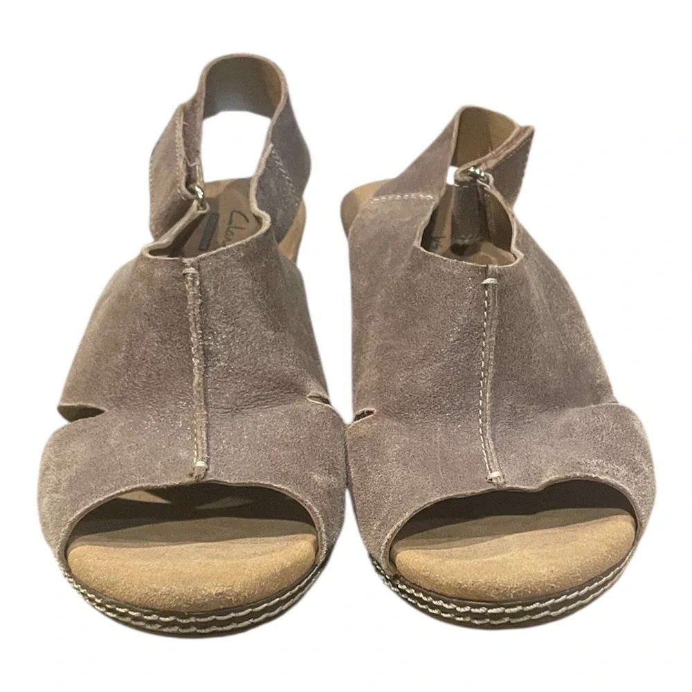 Clarks Collection Taupe Suede Cork Wedge Sandals Slingback Peep Toe Womens 8.5 W